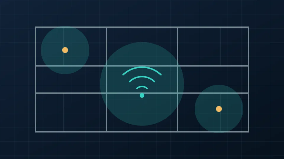 Plan d’étage illustrant les points d’accès et les zones de couverture Wi-Fi.